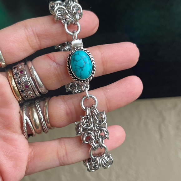 Maille stainless steel turquoise bracelet . Handmade chain & turquoise gem clasp - Picture 15 of 16